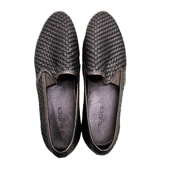 J/Slides S6 Flynn Slip Ons Silver Leather Woven Loafers Women's Size 10 - Picture 9 of 12